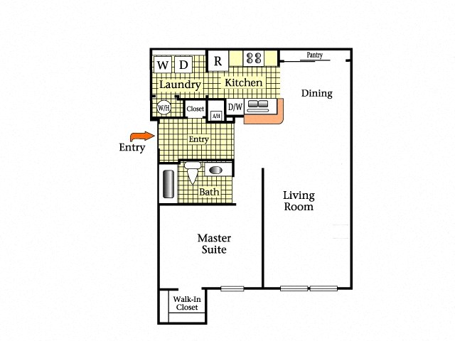 Floor plan for 1 bed, 1 bath, 867 sqft