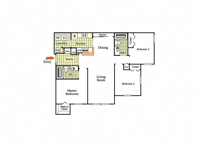 Floor plan for 3 beds, 2 baths, 1214 sqft