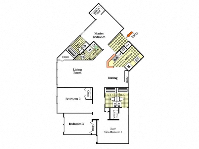 Floor plan for 4 beds, 3 baths, 1651 sqft