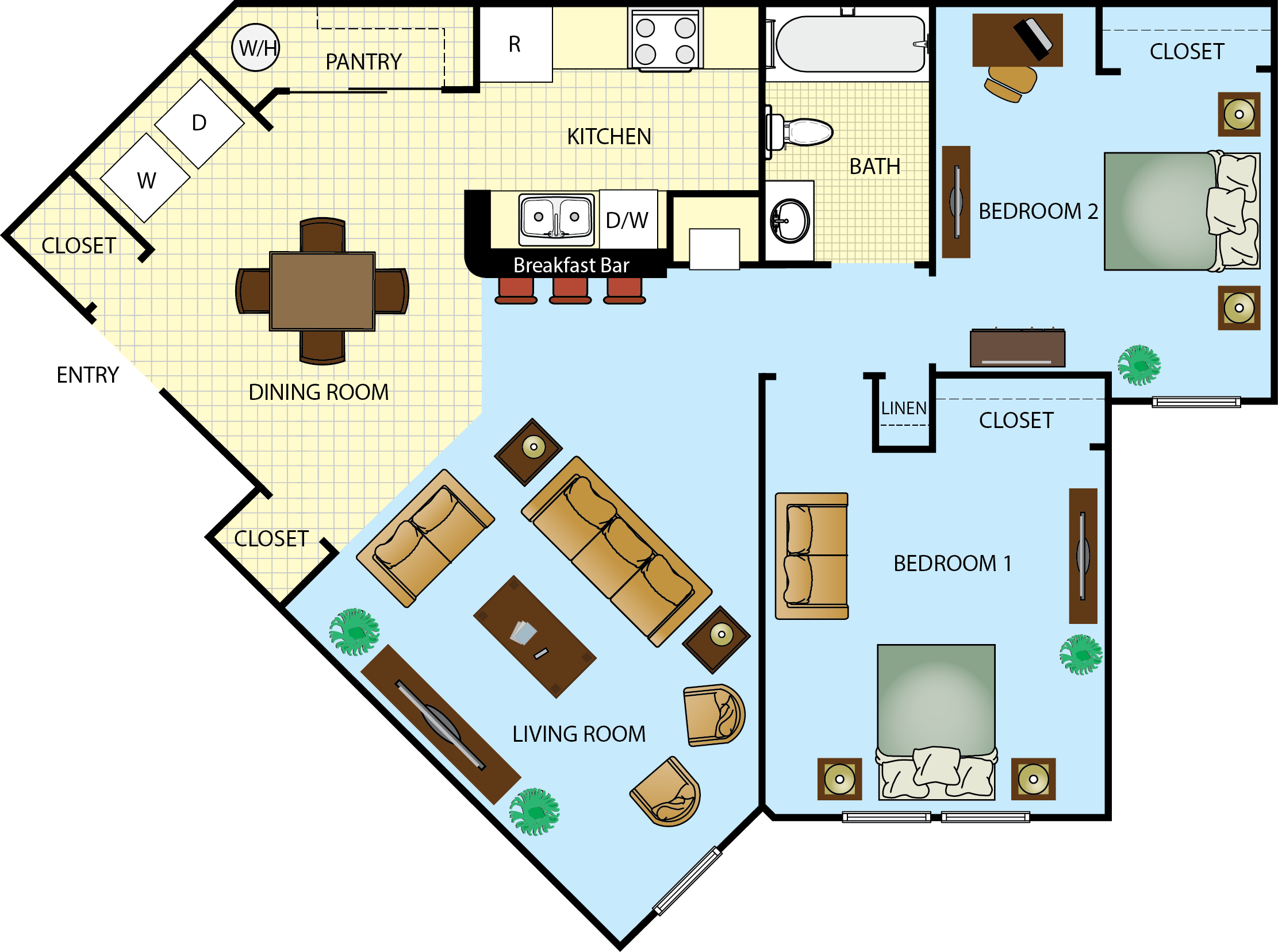 Floor plan for 2 beds, 1 bath, 939 sqft