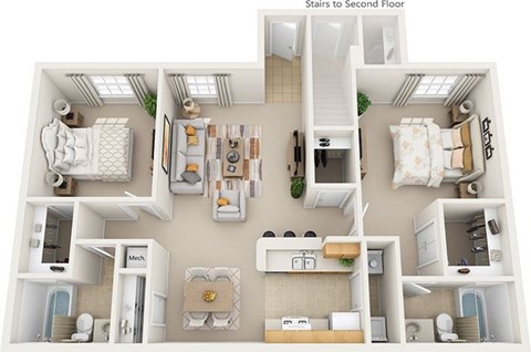 Floor plan for 2 beds, 2 baths, 1090 sqft
