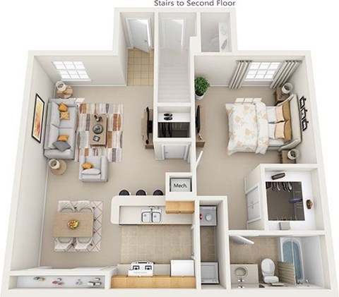 Floor plan for 1 bed, 1 bath, 817 sqft