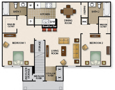 Floor plan for 2 beds, 2 baths, 1126 sqft