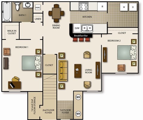 Floor plan for 2 beds, 1 bath, 866 sqft