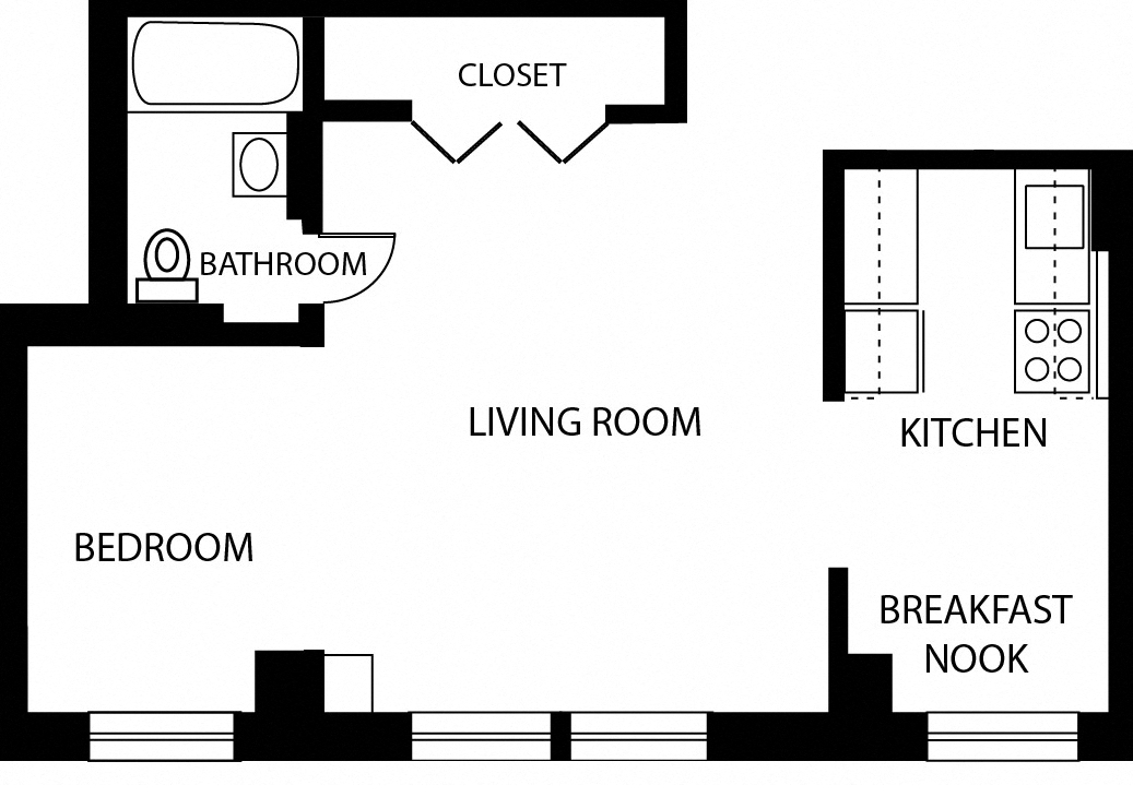 Floor plan for 1 bed, 1 bath, 595 sqft