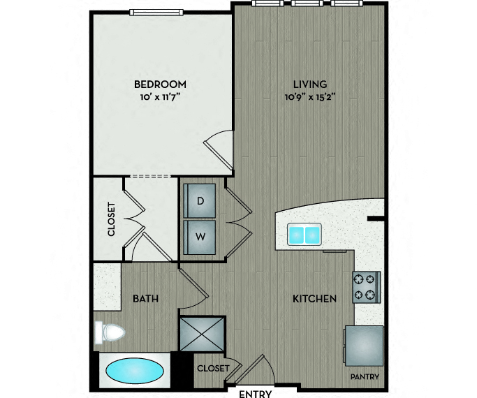 Floor plan for 1 bed, 1 bath, 622 sqft