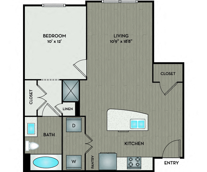 Floor plan for 1 bed, 1 bath, 734 sqft