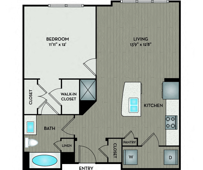 Floor plan for 1 bed, 1 bath, 752 sqft