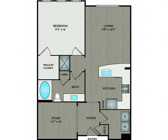 Floor plan for 1 bed, 1 bath, 901 sqft