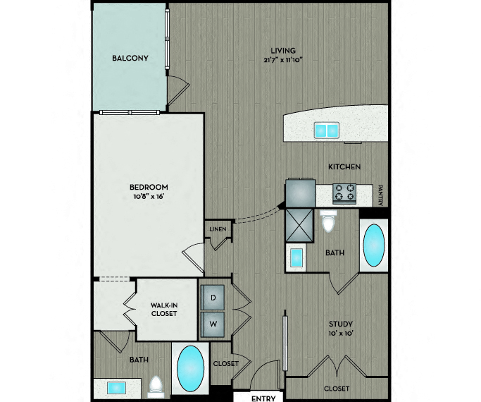 Floor plan for 1 bed, 2 baths, 1113 sqft