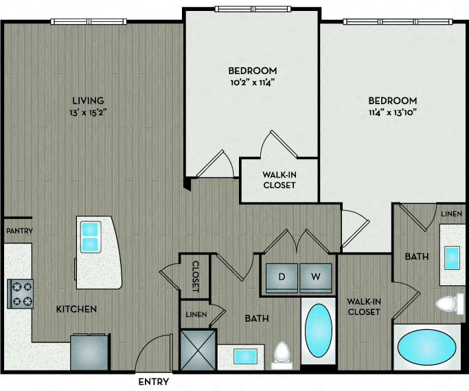 Floor plan for 2 beds, 2 baths, 1063 sqft