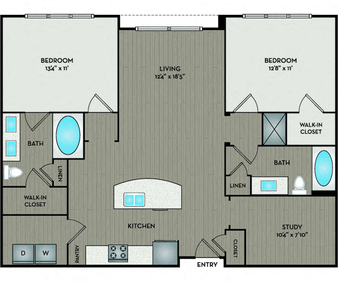 Floor plan for 2 beds, 2 baths, 1250 sqft