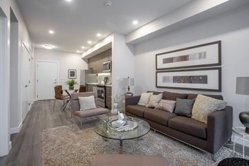 Calgary apartment for rent - A modern living room with a brown couch and a glass coffee table.