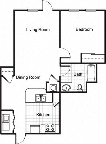 Floor plan for 1 bed, 1 bath, 748 sqft