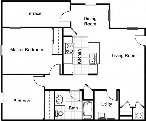 Floor plan for 2 beds, 1 bath, 908 sqft