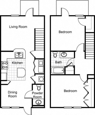 Floor plan for 2 beds, 2.5 baths, 996 sqft