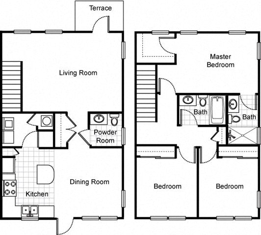 Floor plan for 3 beds, 2.5 baths, 1298 sqft