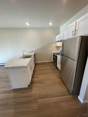 Devils Lake apartment for rent - a kitchen with stainless steel appliances and a wooden floor