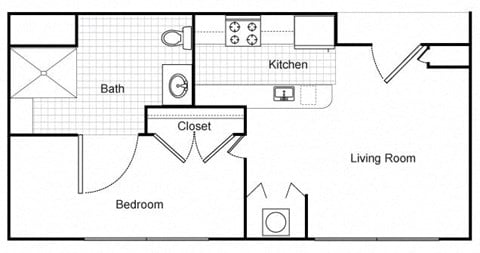 Floor plan for 1 bed, 1 bath, 628 sqft
