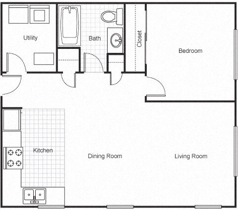 Floor plan for 1 bed, 1 bath, 734 sqft