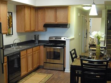 New Orleans apartment for rent - a kitchen with stainless steel appliances and wooden cabinets