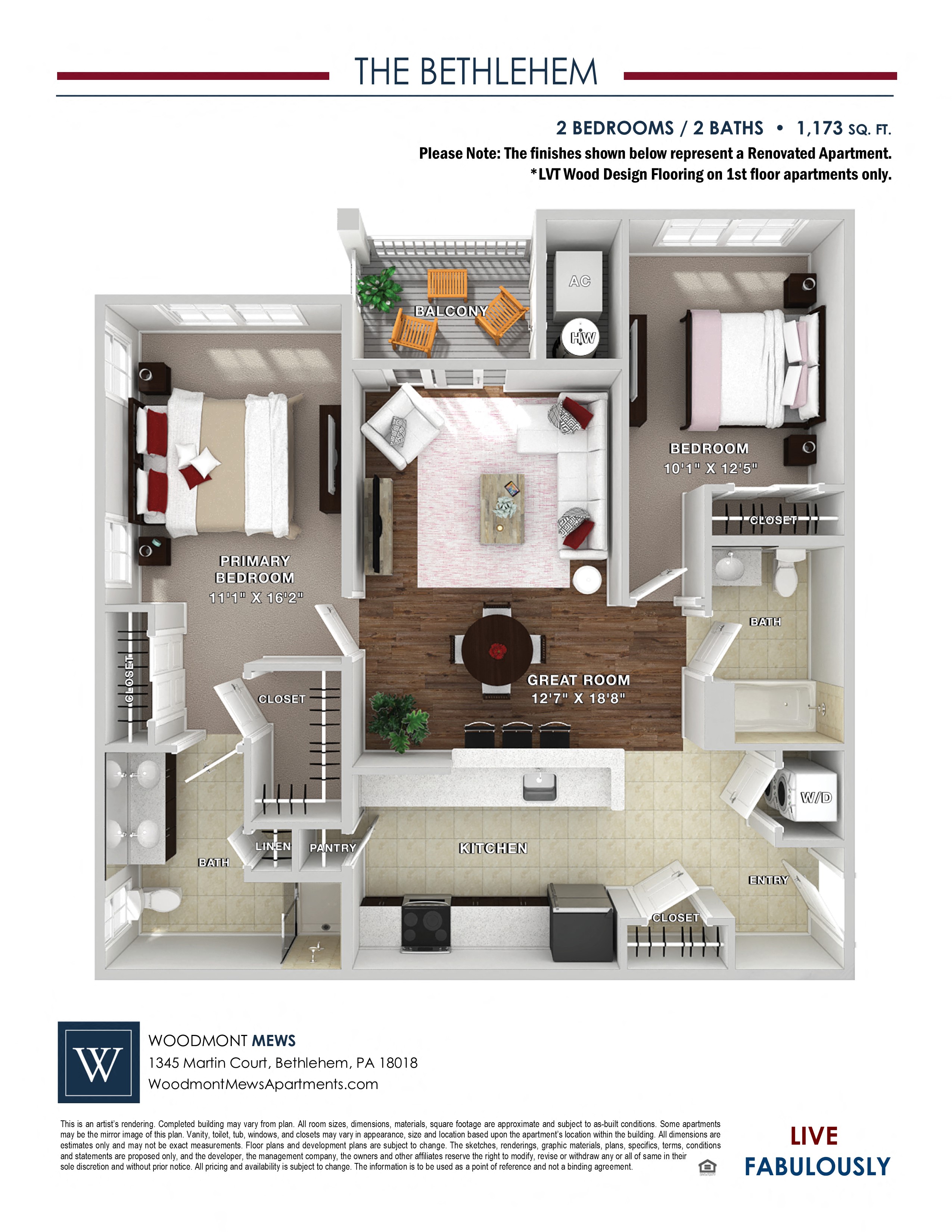 Floor plan for 2 beds, 2 baths, 1173 sqft