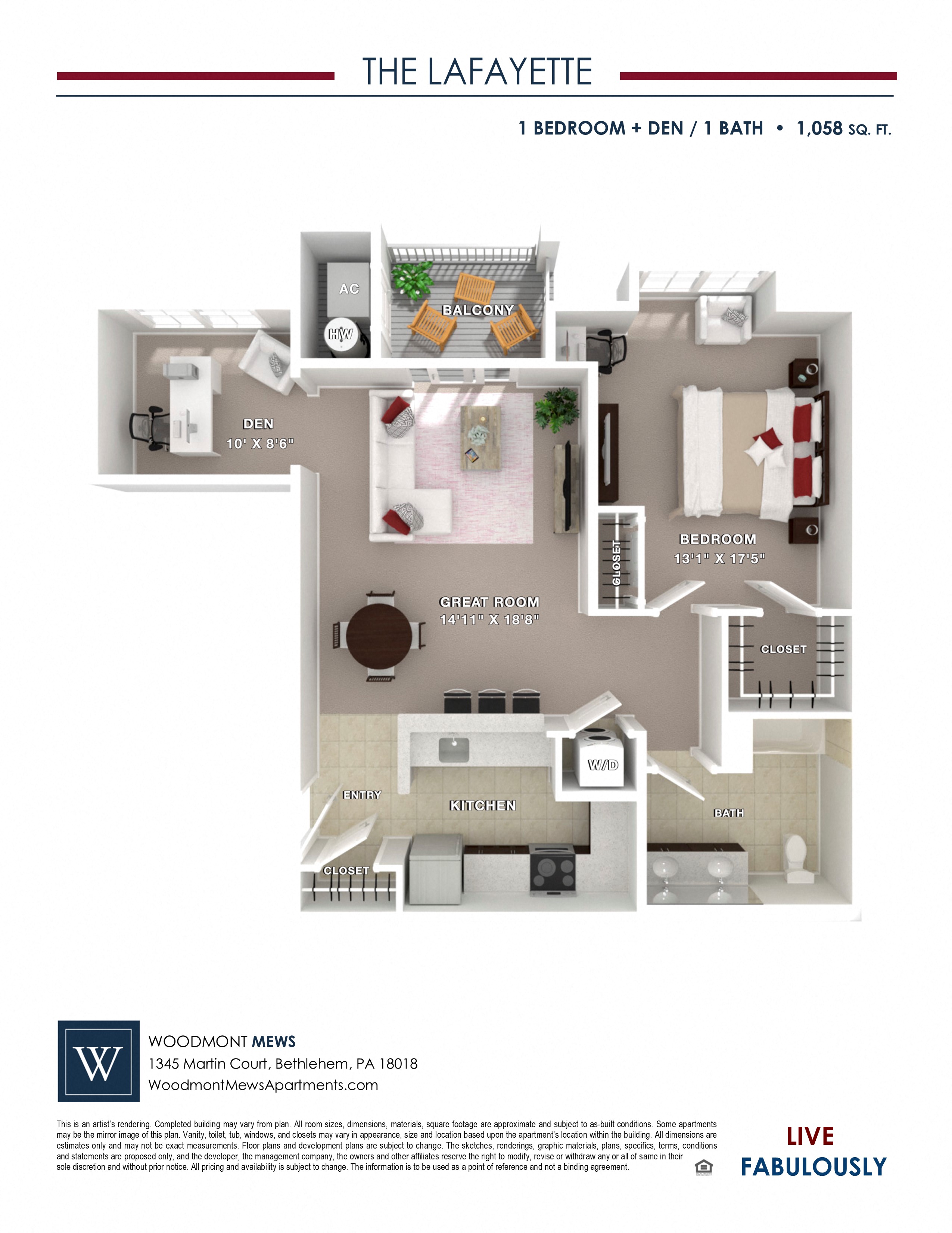 Floor plan for 1 bed, 1 bath, 1058 sqft