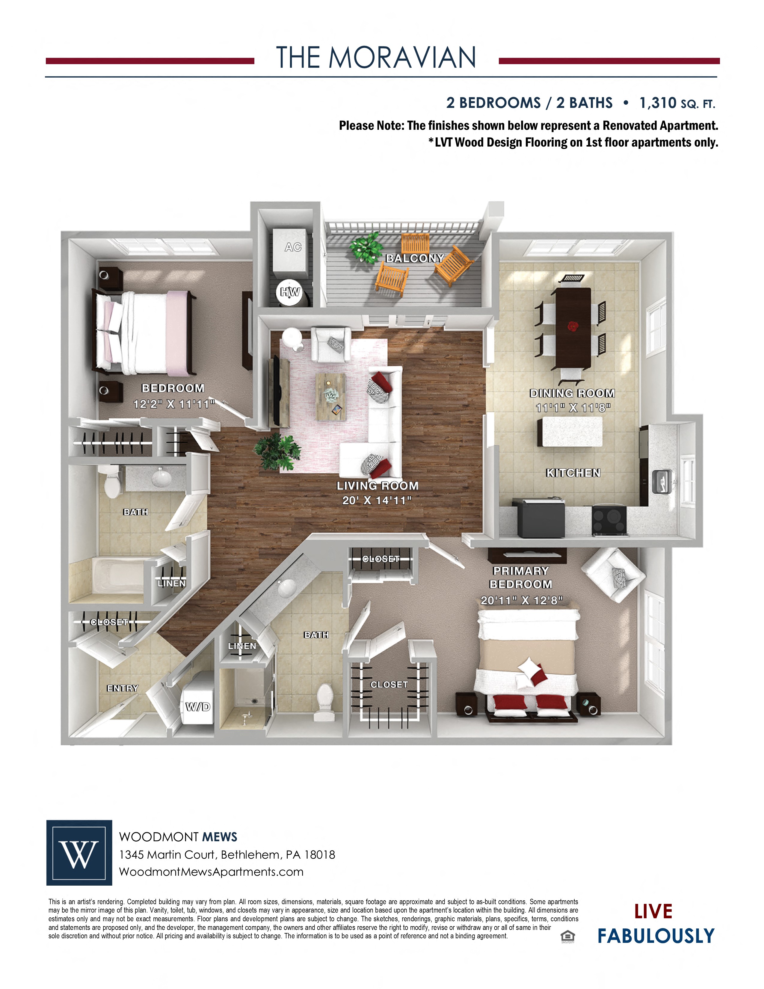 Floor plan for 2 beds, 2 baths, 1310 sqft