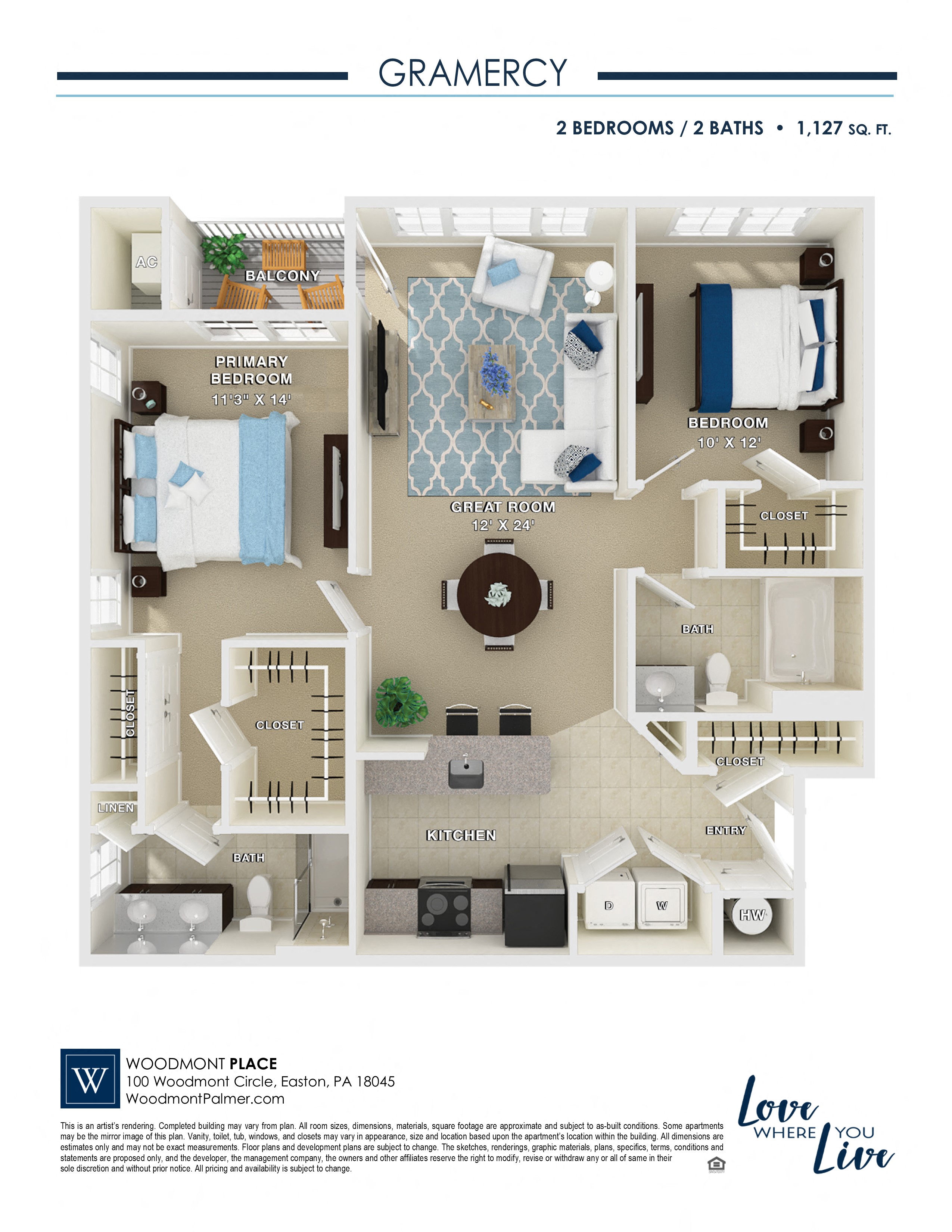 Floor plan for 2 beds, 2 baths, 1127 sqft