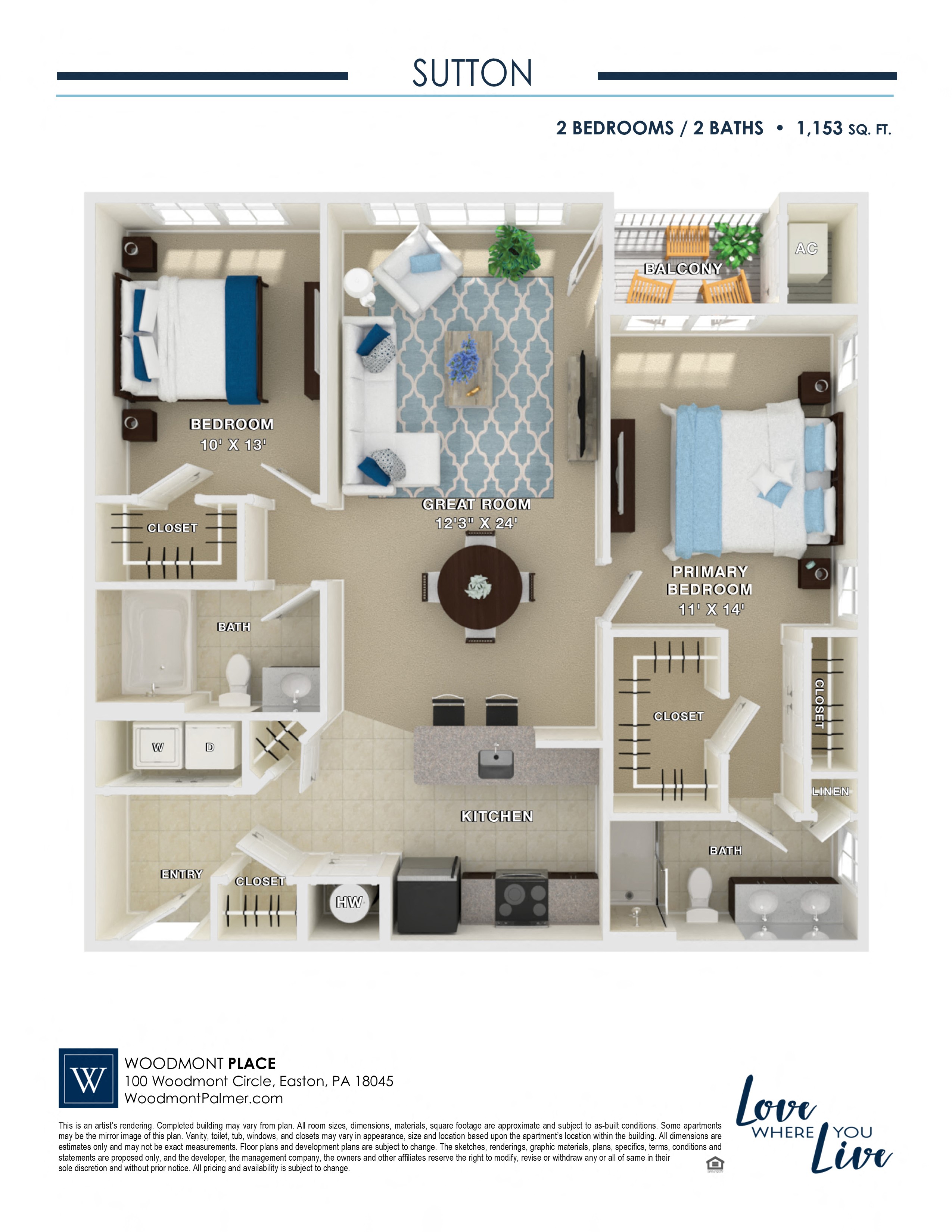 Floor plan for 2 beds, 2 baths, 1153 sqft