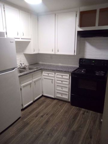 Copperas Cove apartment for rent - a kitchen with white cabinets and a black stove and refrigerator