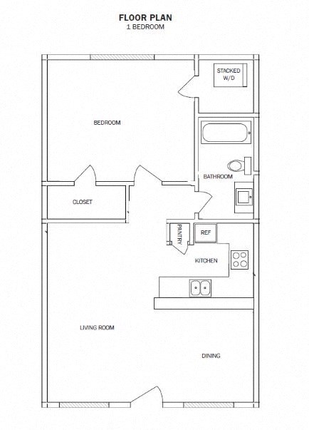 Floor plan for 1 bed, 1 bath, 625 sqft