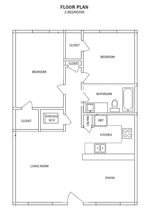 Floor plan for 2 beds, 1 bath, 737 sqft