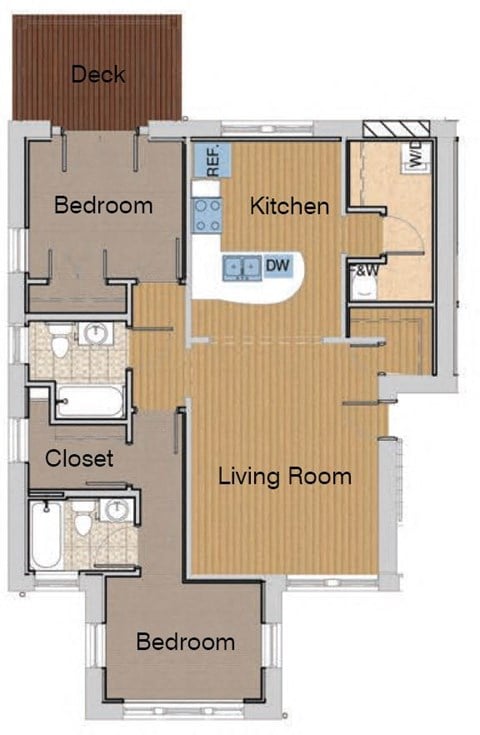 Floor plan for 2 beds, 2 baths, 904 sqft