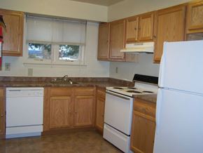 Elkton apartment for rent - a kitchen with white appliances and wooden cabinets