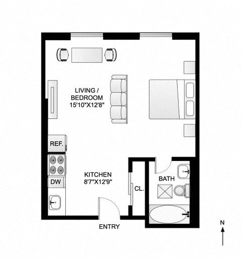 Floor plan for 1 bed, 1 bath, 600 sqft