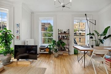 Brooklyn apartment for rent - a living room with a tv and a table and some plants