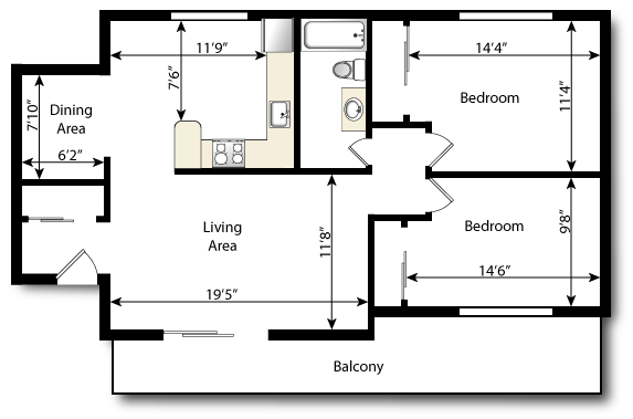 Floor plan for 2 beds, 1 bath, 935 sqft