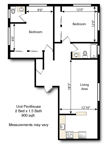 Floor plan for 2 beds, 1.5 baths, 900 sqft