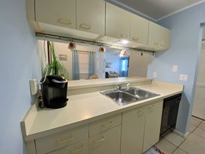 Bradenton house for rent - a kitchen with a sink and a counter top and a mirror