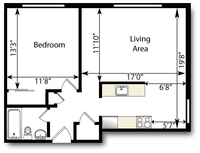 Floor plan for 1 bed, 1 bath, 600 sqft