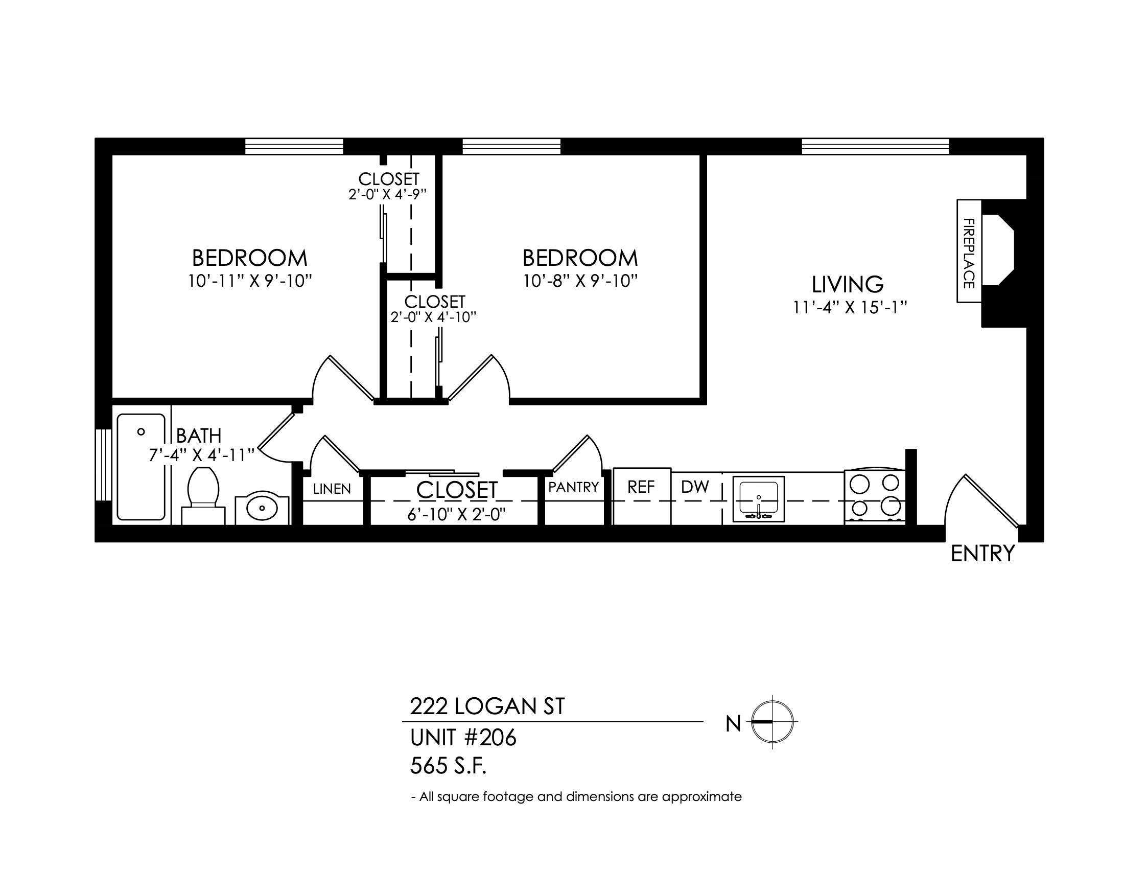 Floor plan for 2 beds, 1 bath, 565 sqft