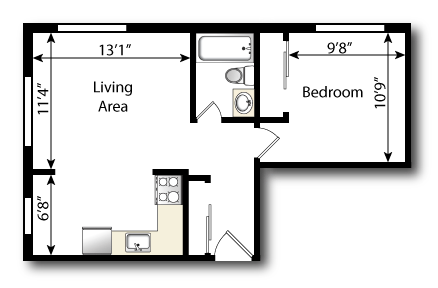 Floor plan for 1 bed, 1 bath, 400 sqft