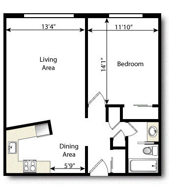 Floor plan for 2 beds, 1 bath, 1490 sqft
