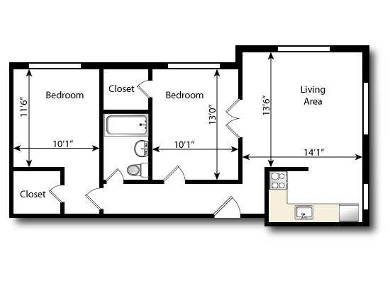 Floor plan for 2 beds, 1 bath, 780 sqft