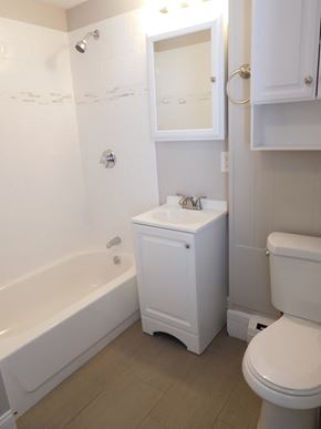 Allston apartment for rent - Bathroom with Tub, White Vanity and Gray Tiled Floors
