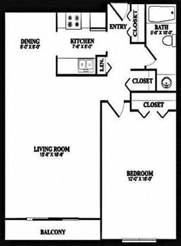 Floor plan for 1 bed, 1 bath, 815 sqft