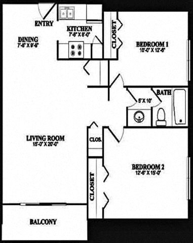 Floor plan for 2 beds, 1 bath, 965 sqft