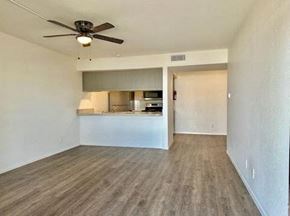 San Angelo apartment for rent - an empty living room with a ceiling fan and a kitchen