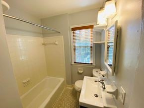 Alexandria house for rent - A bathroom with a white tub, sink, and toilet.